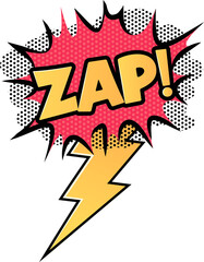 Poster - Comic-style ZAP! text is popping in red burst with yellow lightning bolt on transparent background