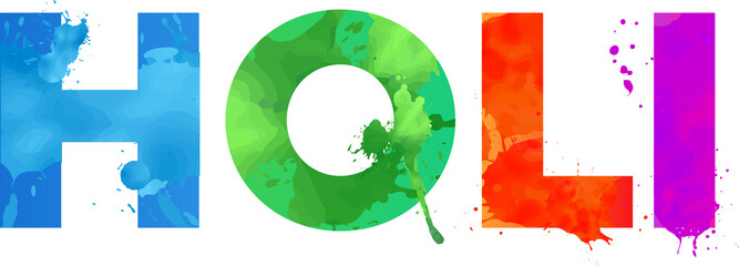 Poster - Watercolor letters spelling HOLI are floating with vibrant splashes over transparent background