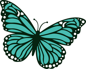 Poster - Decorative butterfly flat graphic showing turquoise wings, black outlines on transparent background