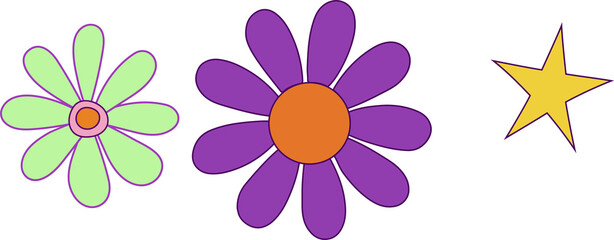 Poster - Displaying three vector icons on transparent canvas showing green  and  purple flowers plus yellow s