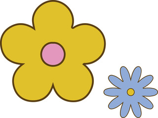 Poster - Showing flat yellow five petal bloom and blue eight petal flower floating on transparent backdrop