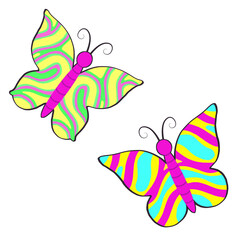 Poster - Stylized colorful butterflies are floating on transparent background, with flat design wavy stripes