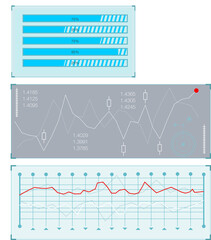 Poster - Displaying flat panels featuring progress bars, candlestick chart, line plots on transparent canvas