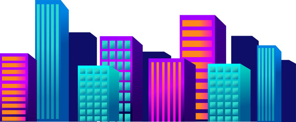 Poster - Vector showing nine skyscrapers floating on transparent backdrop with grid windows, neon hues