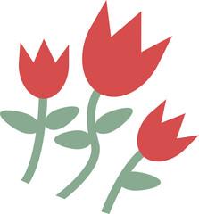 Poster - Three red tulip flowers are blooming on green stems and leaves, flat vector, transparent background