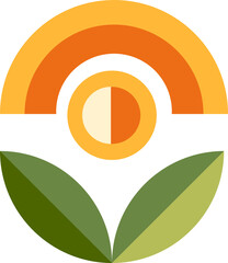 Poster - Cream and orange sun disk rising above leaves in flat design, floating on transparent backdrop