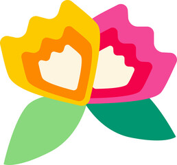 Poster - Two abstract flowers showing layered petals in flat vector with leaves on transparent background