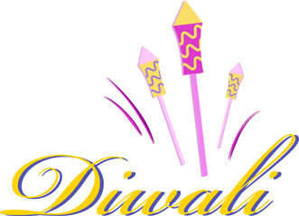 Poster - Vector three fireworks rockets are fanning purple lines under Diwali text on transparent background