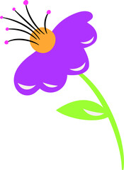 Poster - Flat purple flower is showing petals, orange disc and green leaf, transparent background copy space