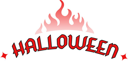 Poster - Displaying red Halloween letters arcing upward with flaming motif and star icons on transparent