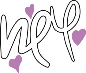 Poster - Stylized cursive lettering floating on transparent canvas, featuring black script with lilac hearts