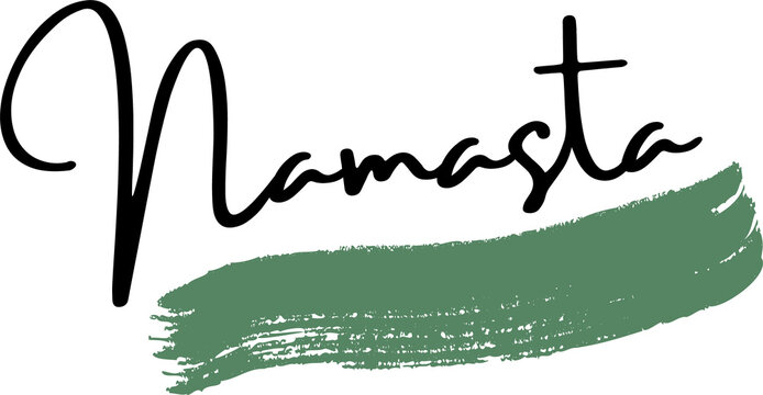 Showing black cursive Namaste text resting on textured green brushstroke on transparent background