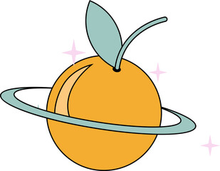Poster - flat orange planet is floating on transparent background, with mint ring and leaves, pink sparks
