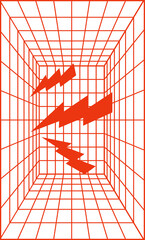 Poster - Floating stylized lightning bolts are gliding through 3D wireframe tunnel, transparent background