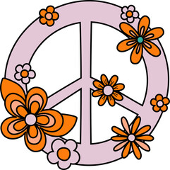 Poster - Cartoon pink peace symbol is floating on transparent background featuring orange and peach flowers