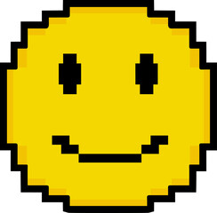 Fototapete - Pixel art yellow smiley face icon floating on transparent background, showing stepped pixel edges