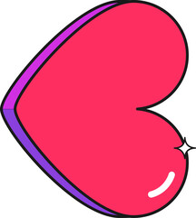 Poster - Red-pink cartoon heart is floating on transparent canvas, black outline, purple shadow, white shine
