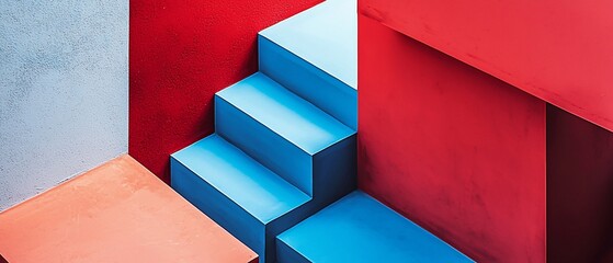 Poster - Vivid geometric composition featuring red, blue, and peach blocks creating depth
