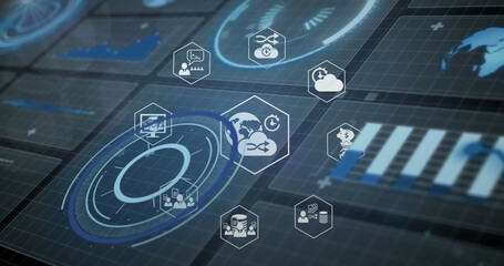 Poster - Composition of network of connections with icons over computer circuit board