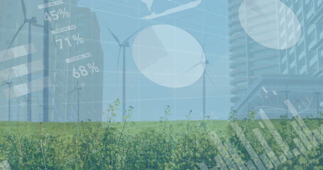 Poster - Displaying three white wind turbines rising above grassy field with skyline, with data overlays