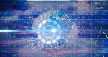 Poster - Projecting circular holographic interface over fading world map in dashboard, streaming market data