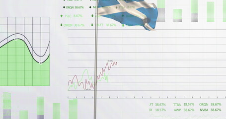 Poster - Showing financial charts on screen, with Argentine flag on silver flagpole and green and red trends