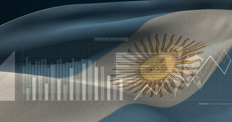 Poster - Argentine flag waving in digital display, with bar chart, line graph, grid overlay, numeric display