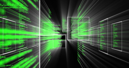 Poster - Streaming green code and floating white wireframes converging in virtual tunnel, central black void