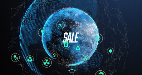 Poster - Displaying 3D Earth globe with mesh overlay and SALE text in dark network, with green icons