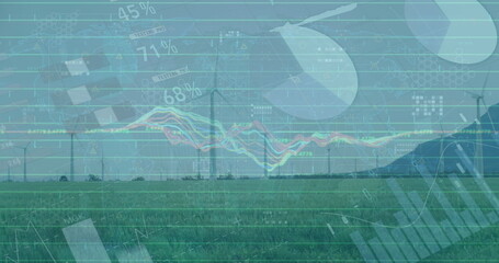 Poster - Showing line of white three-blade wind turbines spanning grassland hills with digital charts