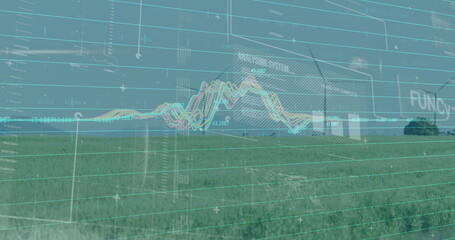 Poster - Displaying open grassland under pale sky, overlaying grid and waveform charts with data panels
