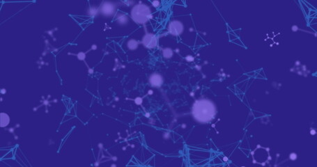 Poster - Showcasing blue network nodes linking with lines in digital grid, lit purple spheres with molecules