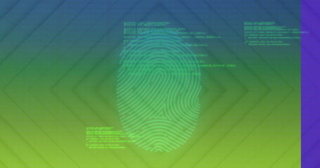 Leinwandbilder - Floating fingerprint graphic across security display, with code blocks, diamond grid and purple bar