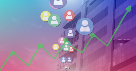 Poster - Floating multicolored user-profile icons across office facade in city, with green growth graph