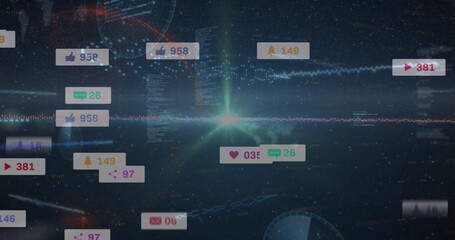 Poster - Floating social media metric panels streaming over digital dashboard, with waveform graphs