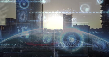 Poster - Holographic overlay floating over city skyline at sunrise, with radar displays and globe projection