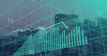 Poster - Displaying financial dashboard with 3D grid over city skyline, teal bar chart and white line graph