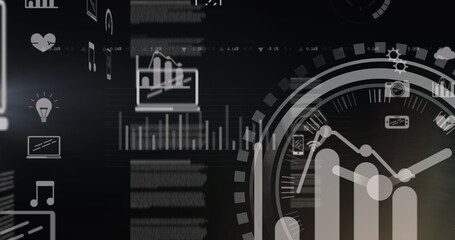 Poster - Displaying digital dashboard with data charts, circular gauge, and floating icons on dark interface