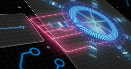 Poster - Blue radial interface element projecting rings on dark grid, with pink frame and pulse waveform