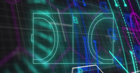 Poster - Displaying neon turquoise basketball half court outline on interface, with gridlines and charts