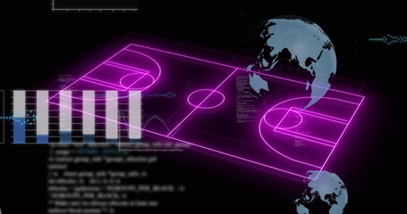 Poster - Floating neon purple 3D basketball court wireframe in UI, with scrolling code, bars, globe and axes