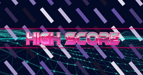 Poster - Displaying stylized text HIGH SCORE glowing over neon grid in retro space, with diagonal color bars
