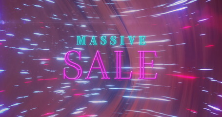 Poster - Flashing neon typography displaying MASSIVE SALE in abstract digital background, with light streaks
