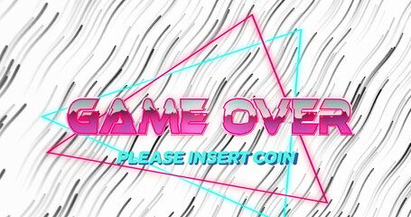 Poster - Displaying arcade screen showing pink GAME OVER and cyan PLEASE INSERT COIN with neon triangles
