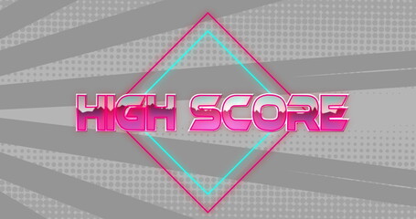 Poster - Showing HIGH SCORE text glowing in neon diamond frame on grey halftone, with pink highlights
