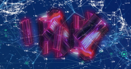 Poster - Floating magenta-pink 3D prisms glowing within virtual data-space, with network lines and hex icons