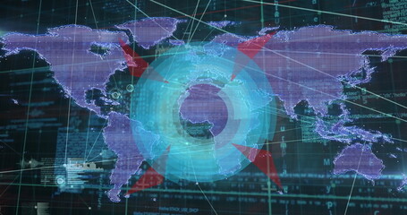 Aufkleber - Displaying blue radar overlay scanning world map in interface, with red pointers and network lines