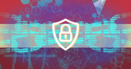 Poster - Professional in suit holding tablet revealing shield with padlock in cyber network, streaming code