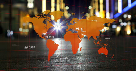 Poster - Displaying orange world map overlay on wet nighttime avenue, with red grid lines, numeric labels