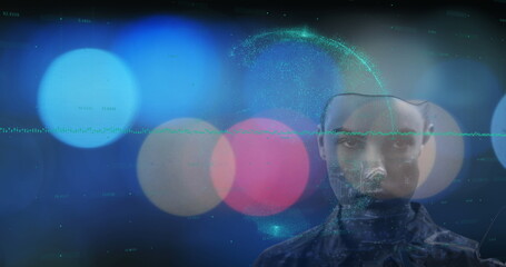 Aufkleber - avatar face showing holographic data in virtual space, with particle sphere and waveform line
